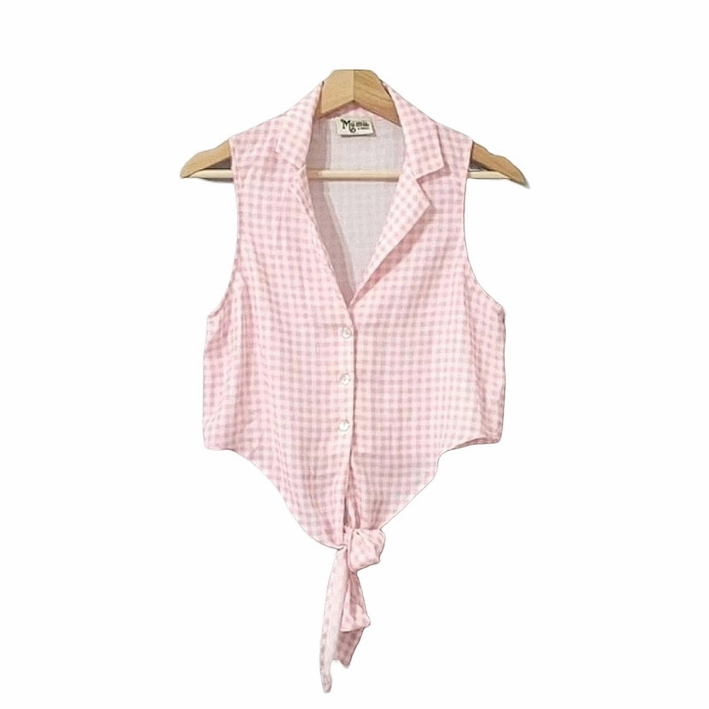 Show Me Your Mumu Croix Pink White Gingham Tie Front Crop Sleeveless Top Size XS
